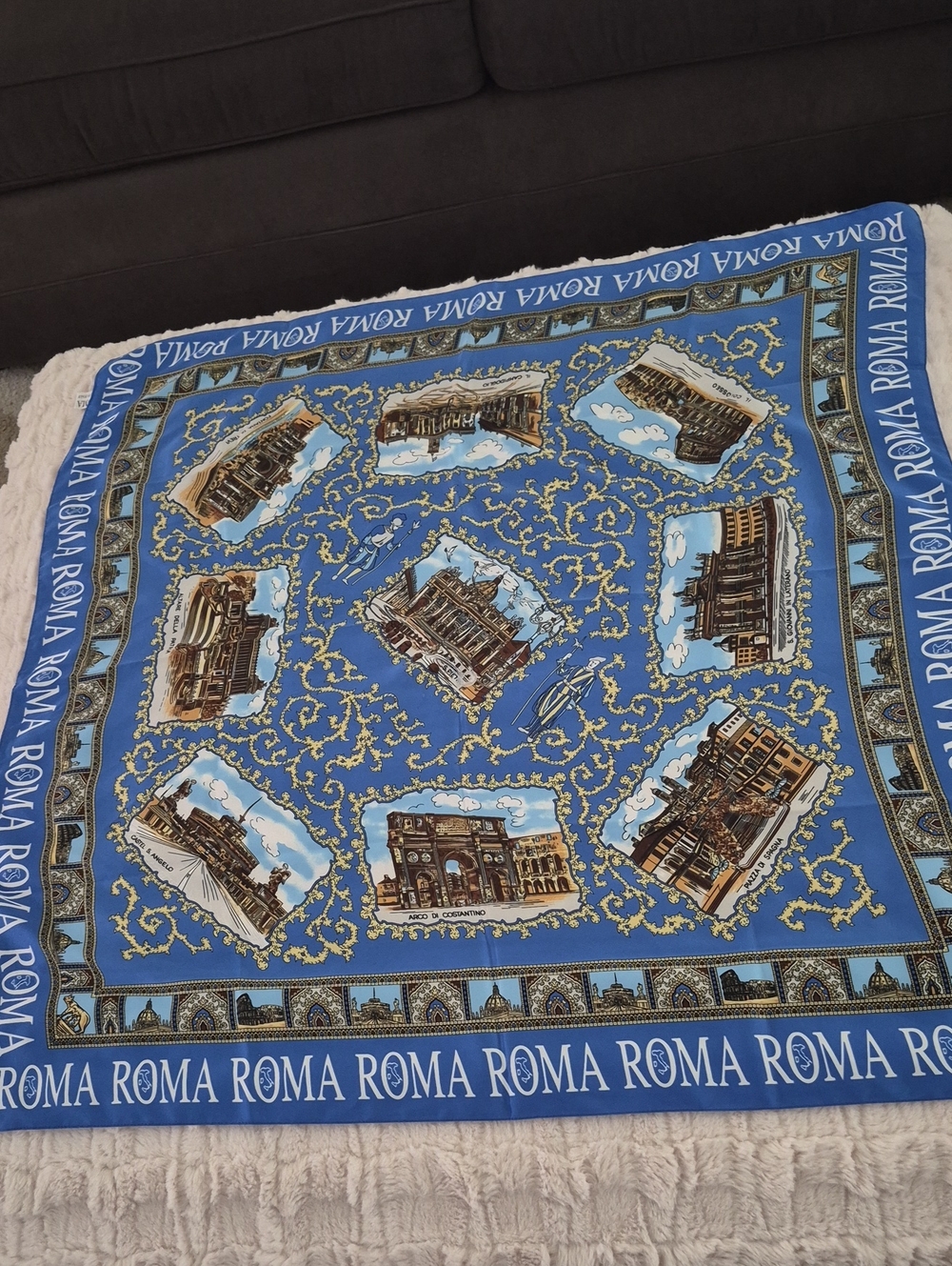 Roma Blue Souvenir Scarf with Gold and Brown Architectural Motifs